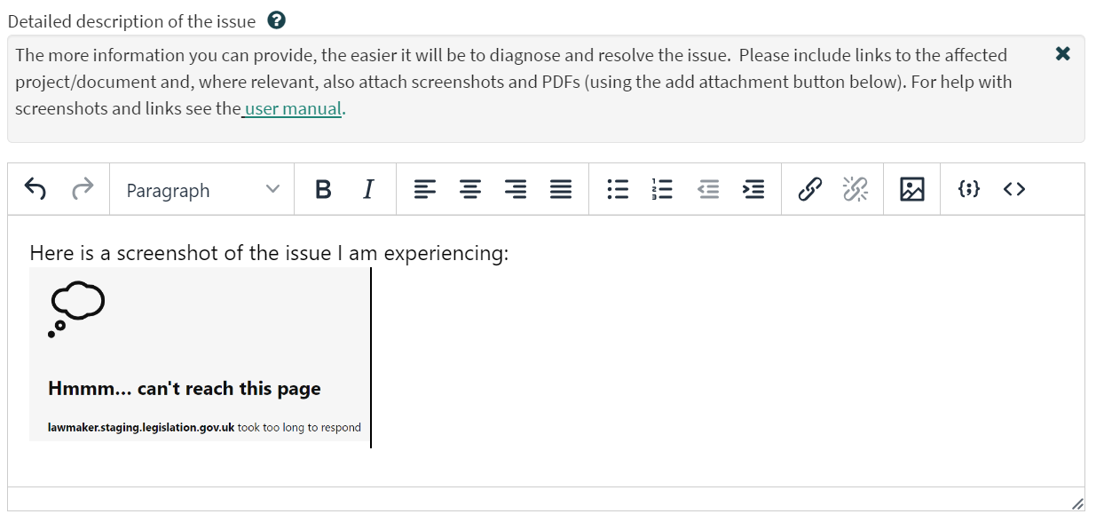 screenshot of detailed description field from support portal containing some text and a pasted image of an error
